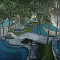Modern Hotel Building with Hot Spring Pools Lush Greenery and Water Features in Natural Surroundings