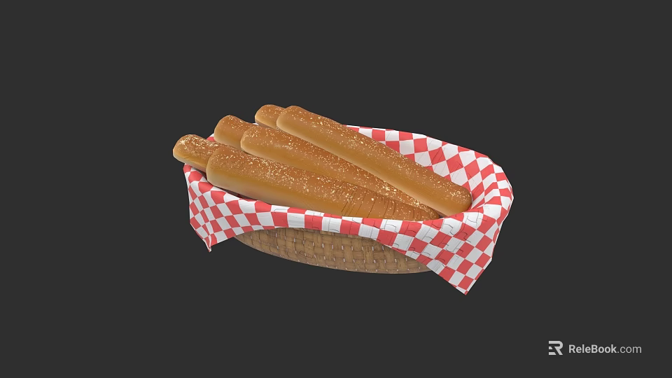 Fresh Long Sesame Seed Bread Sticks in Woven Basket with Red and White Checkered Cloth 3d model 