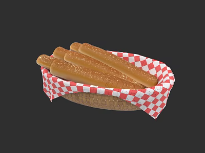 Fresh Long Sesame Seed Bread Sticks in Woven Basket with Red and White Checkered Cloth 3d model
