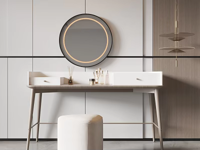 Modern Dressing Table With Round Mirror White Countertop Drawer And Padded Stool 3d model