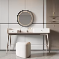 Modern Dressing Table With Round Mirror White Countertop Drawer And Padded Stool 3d model