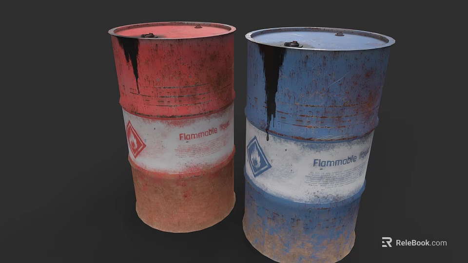 Flammable Red And Blue Weapon Storage Barrels For Military Explosive Fuel 3d model 