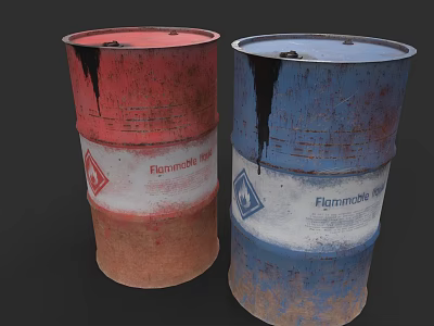 Flammable Red And Blue Weapon Storage Barrels For Military Explosive Fuel 3d model