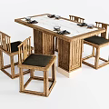 Classic Wooden Dining Table Set With Marble Surface And Dark Cushioned Chairs 3d model