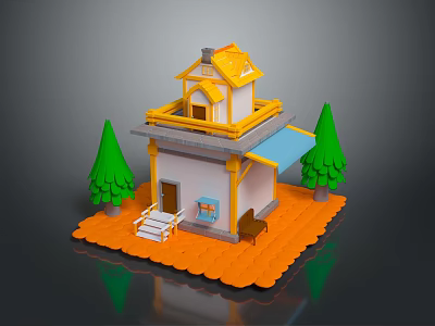 Cartoon Scene Featuring Colorful House Yellow Roof White Walls Green Trees And Small Horse 3d model