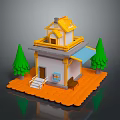 Cartoon Scene Featuring Colorful House Yellow Roof White Walls Green Trees And Small Horse