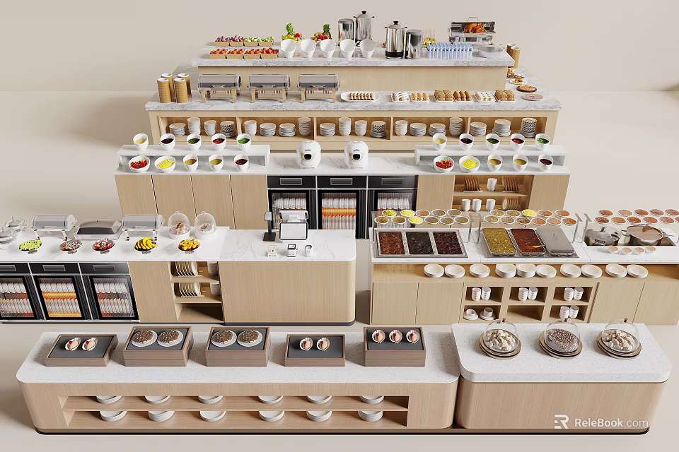 Dining Table Display With Multiple Tiers of Various Foods Tableware and Ingredients 3d model 