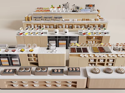Dining Table Display With Multiple Tiers of Various Foods Tableware and Ingredients 3d model
