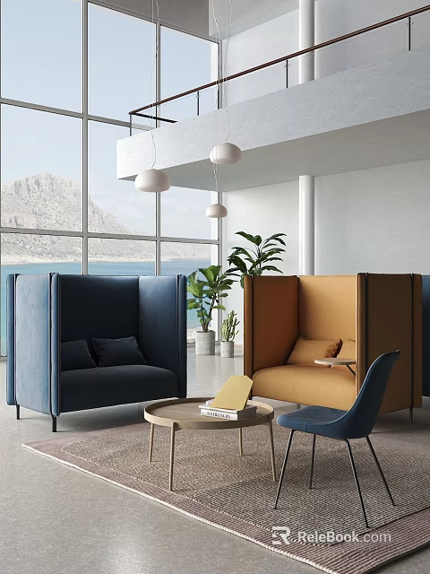 Cozy Lounge Area With Blue Orange Pod Seats Table Plants Large Windows Mountain Sea View 3d model 