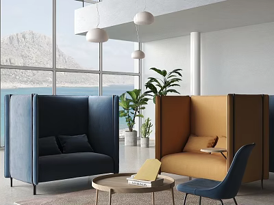 Cozy Lounge Area With Blue Orange Pod Seats Table Plants Large Windows Mountain Sea View 3d model
