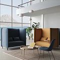 Cozy Lounge Area With Blue Orange Pod Seats Table Plants Large Windows Mountain Sea View