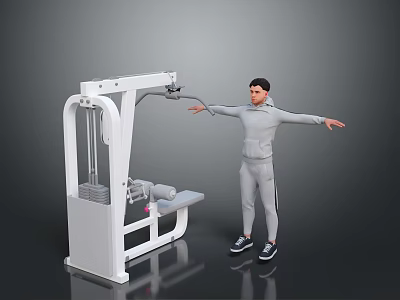 A Man In Gray Sportswear Using Fitness Machine With Arms Outstretched 3d model