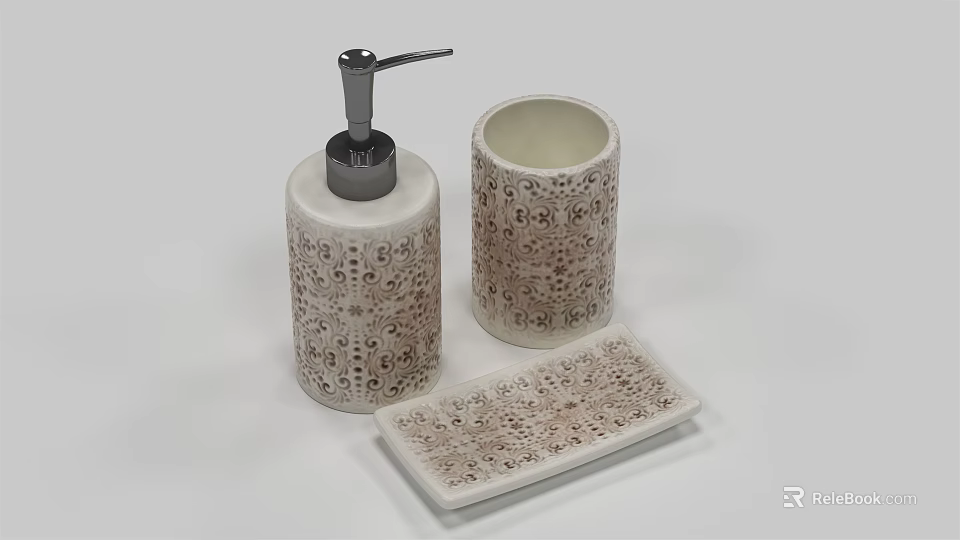 Elegant White Bathroom Accessories With Brown Patterned Soap Dispenser Toothbrush Holder And Tray 3d model 