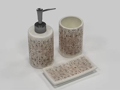 Elegant White Bathroom Accessories With Brown Patterned Soap Dispenser Toothbrush Holder And Tray 3d model