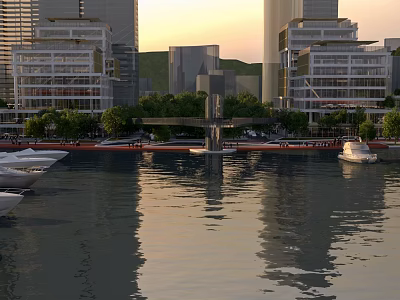 Modern City Waterfront Scenery With Tall Buildings Water Reflections And Moored Boats At Sunset 3d model