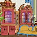Ornate Red Bookcase In Classic Interior With Gold Accents Glass Doors Books And Plants