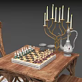 Vintage Wooden Table And Chairs Set With Chessboard Pieces Candelabra On Decorative Rug
