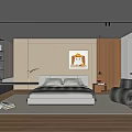 Modern Minimalist Bedroom Interior With Bed Dog Crown Wall Art Wooden Flooring And Accent Chair
