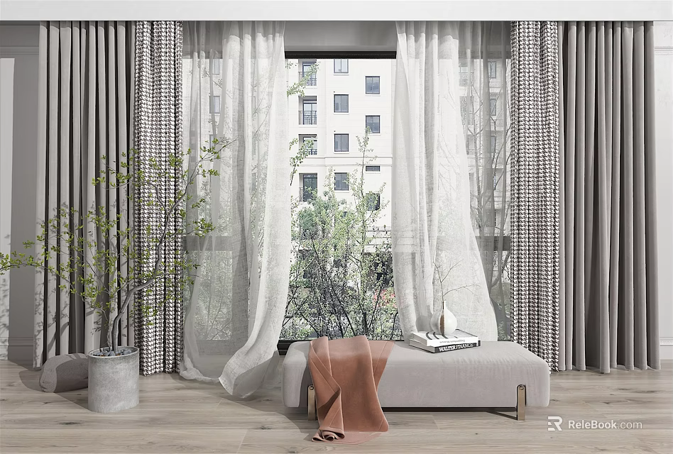 Gray Curtains With White Sheer For Window Decor Building View Potted Plant And Bench 3d model 
