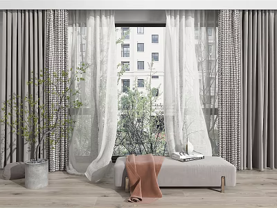 Gray Curtains With White Sheer For Window Decor Building View Potted Plant And Bench 3d model