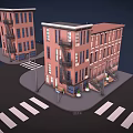 3D Rendered Urban Townhouses Architectural Styles Red Brick Black Fire Escapes Arched Windows Street Elements
