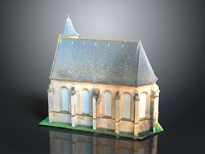 Traditional Church Building With Gray Roof Stone Exterior Tower Spire And Arched Windows 3d model