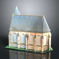 Traditional Church Building With Gray Roof Stone Exterior Tower Spire And Arched Windows