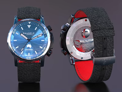 Watch With Blue Dial Dark Strap And Red Inner Front Back View Showing Mechanical Movement 3d model