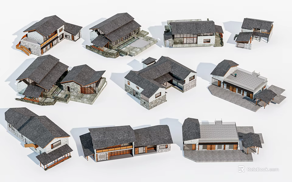 Traditional Style Residential Buildings With Various Roof Designs And Wooden Structures 3d model 