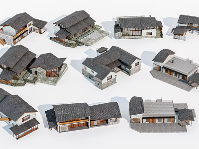 Traditional Style Residential Buildings With Various Roof Designs And Wooden Structures 3d model