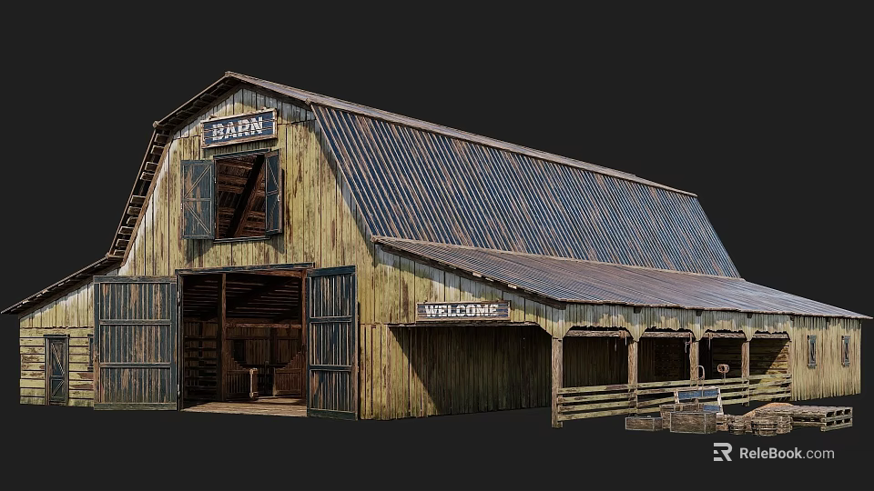 Traditional Rustic Barn Architecture Featuring Wooden Exterior Metal Roof Open Porch And Welcome Sign 3d model 