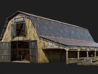 Traditional Rustic Barn Architecture Featuring Wooden Exterior Metal Roof Open Porch And Welcome Sign 3d model