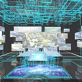 5G Smart City Digital Exhibition With Multiple Screens Showing Urban Landscape And Tech