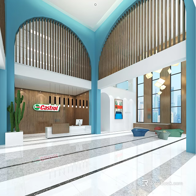 Modern Hotel Lobby Interior With Arched Blue Structure Front Desk Wooden Decor And Sofa Area 3d model 
