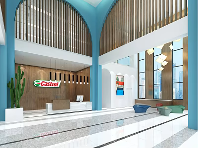 Modern Hotel Lobby Interior With Arched Blue Structure Front Desk Wooden Decor And Sofa Area 3d model