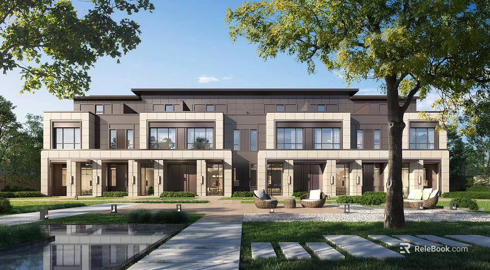 Modern Townhouse Exterior Design With Landscaped Garden Lawn Pathway And Large Windows 3d model 
