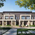 Modern Townhouse Exterior Design With Landscaped Garden Lawn Pathway And Large Windows