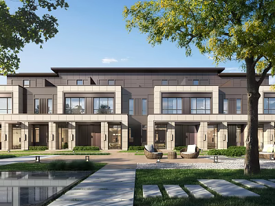 Modern Townhouse Exterior Design With Landscaped Garden Lawn Pathway And Large Windows 3d model