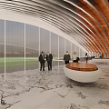 Luxury Modern Sales Office Building Curved Glass Curtain Wall With Lawn Trees Water Feature