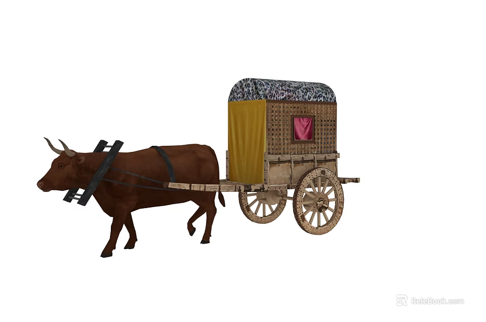 Traditional Ox Pulling Carriage With Yellow Canopy Patterned Top Red Window And Wooden Wheels 3d model 