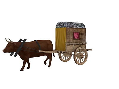 Traditional Ox Pulling Carriage With Yellow Canopy Patterned Top Red Window And Wooden Wheels 3d model