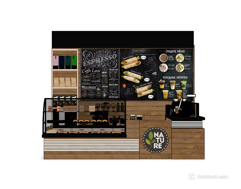 Wooden Functional Table with Chalkboard Menu Displayed Food Items and Coffee Machine for Café 3d model 