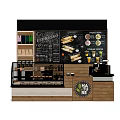 Wooden Functional Table with Chalkboard Menu Displayed Food Items and Coffee Machine for Café