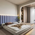 Modern Bedroom Interior Design With Blue Tufted Headboard Wooden Wardrobe And Green Plant