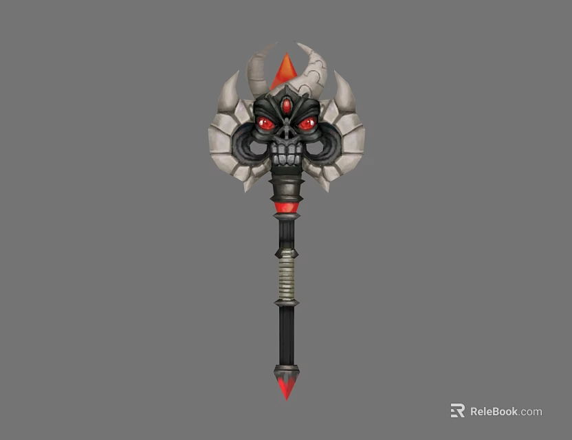 Mythical War Hammer With Skull Face Red Eyes Horns Black Red Handle Ornate Edges 3d model 