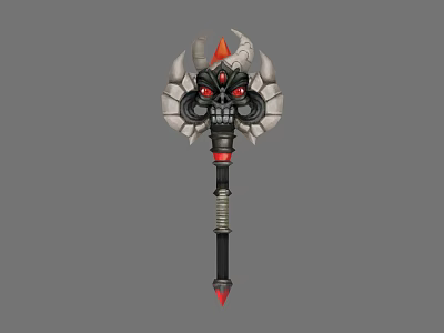Mythical War Hammer With Skull Face Red Eyes Horns Black Red Handle Ornate Edges 3d model
