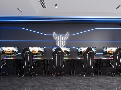 Modern Gaming Room Setup With Multiple Monitors Blue Line Decorations Illuminated Logo And Black Chairs 3d model