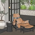 Brown Leather Lounge Chair With Ottoman Side Table Potted Plant Indoor Outdoor Stone Wall Greenery