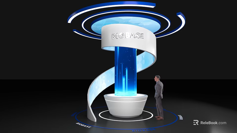 BIO ASE Spiral Design Featuring Blue Light Beam White Base And Standing Man With Blue Halo 3d model 