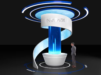 BIO ASE Spiral Design Featuring Blue Light Beam White Base And Standing Man With Blue Halo 3d model